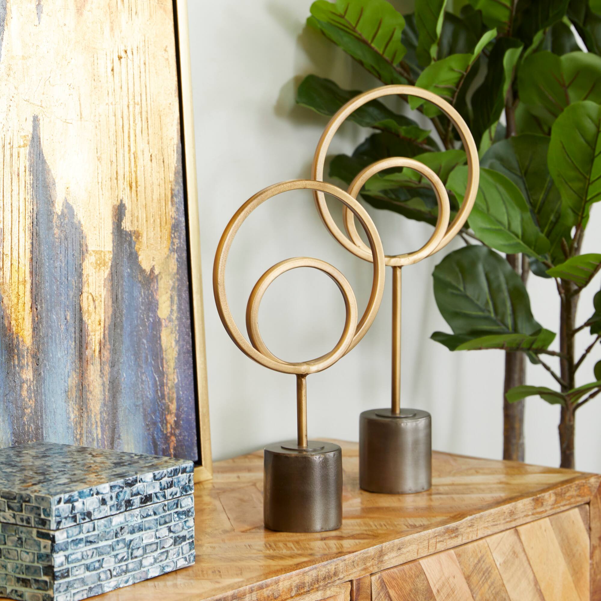 Gold Metal Contemporary Abstract Sculpture, Set of 2" 18", 14"